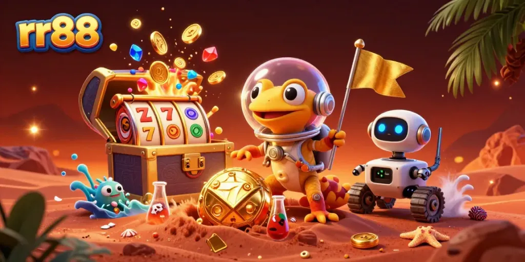 Experience the thrill of rr88 with a playful Martian gecko uncovering a golden casino in a vibrant cosmic scene.