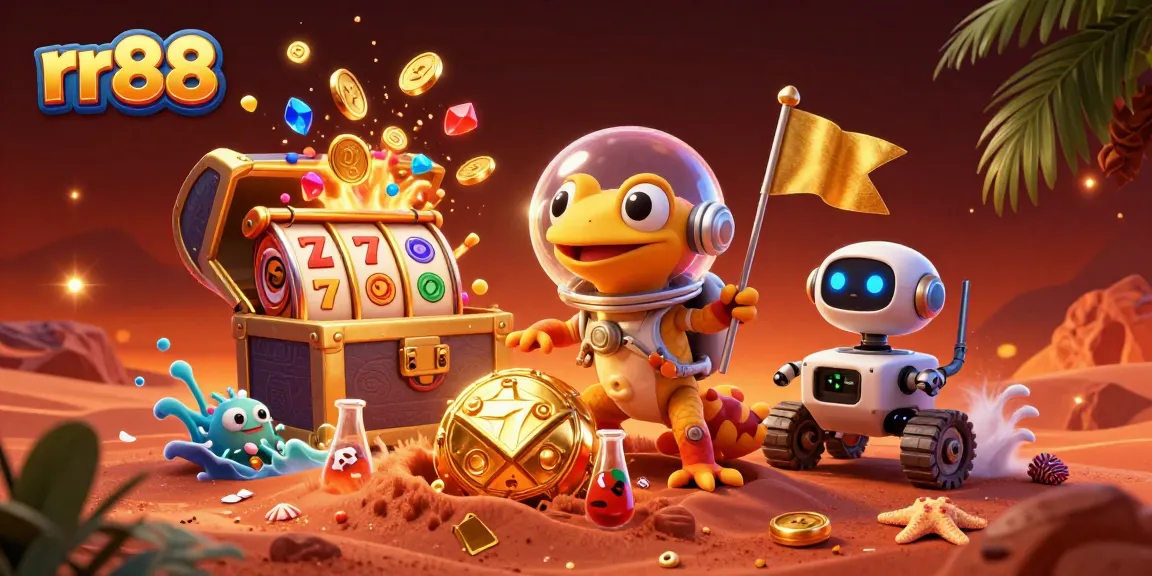 Experience the thrill of rr88 with a playful Martian gecko uncovering a golden casino in a vibrant cosmic scene.
