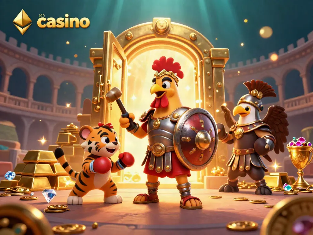 Experience the lively eth casino atmosphere with a 3D gladiator rooster amidst gold treasures and glimmering gems.