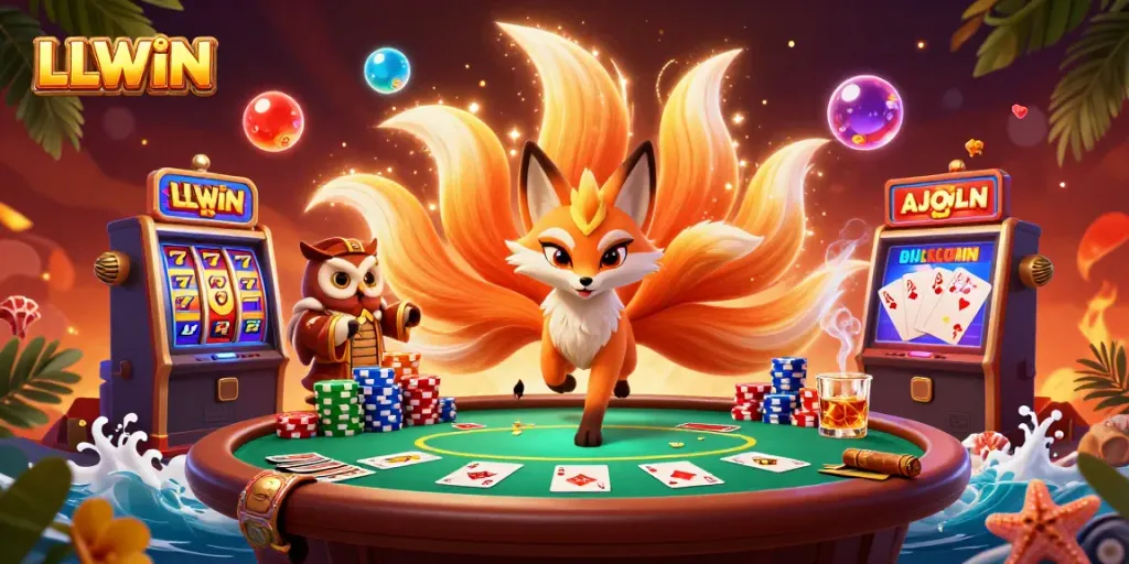 Experience exciting gameplay at LLWIN with vibrant spirits and casino elements in this dynamic illustration.