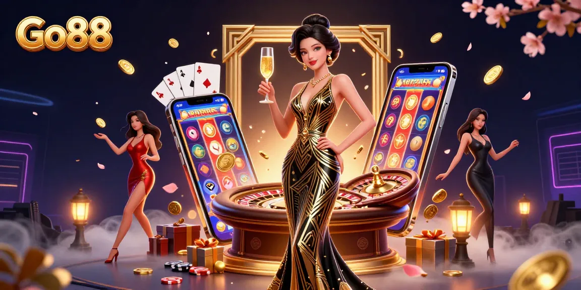 Win big at Go88 with stylish casino-themed illustration showing vibrant gaming action.