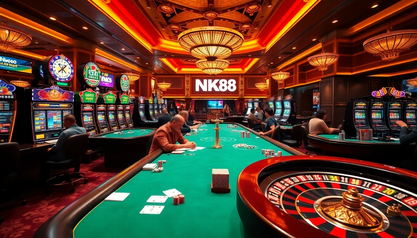 NK88 players celebrating wins at vibrant casino tables filled with action and excitement.