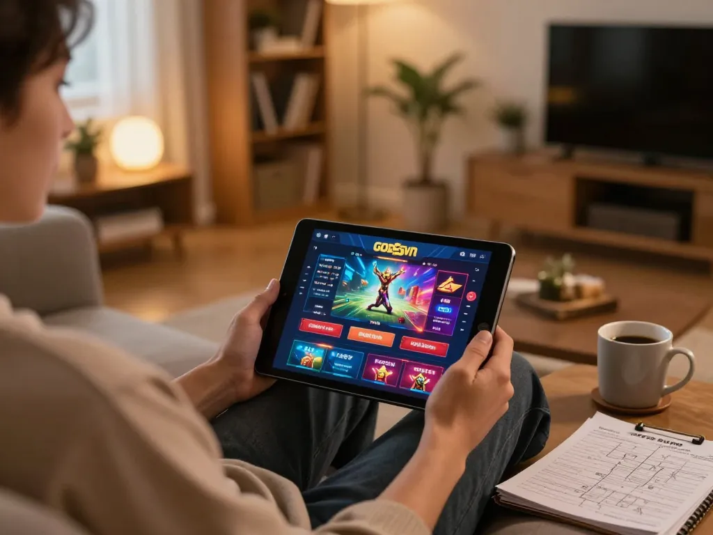 Engaged player using the god55vn app for online casino gaming on a cozy sofa