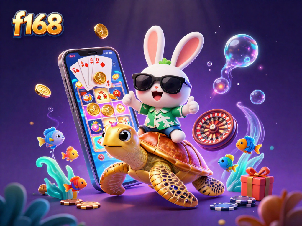 Spin to win at f168 with vibrant casino elements featuring a lucky rabbit and a golden turtle.
