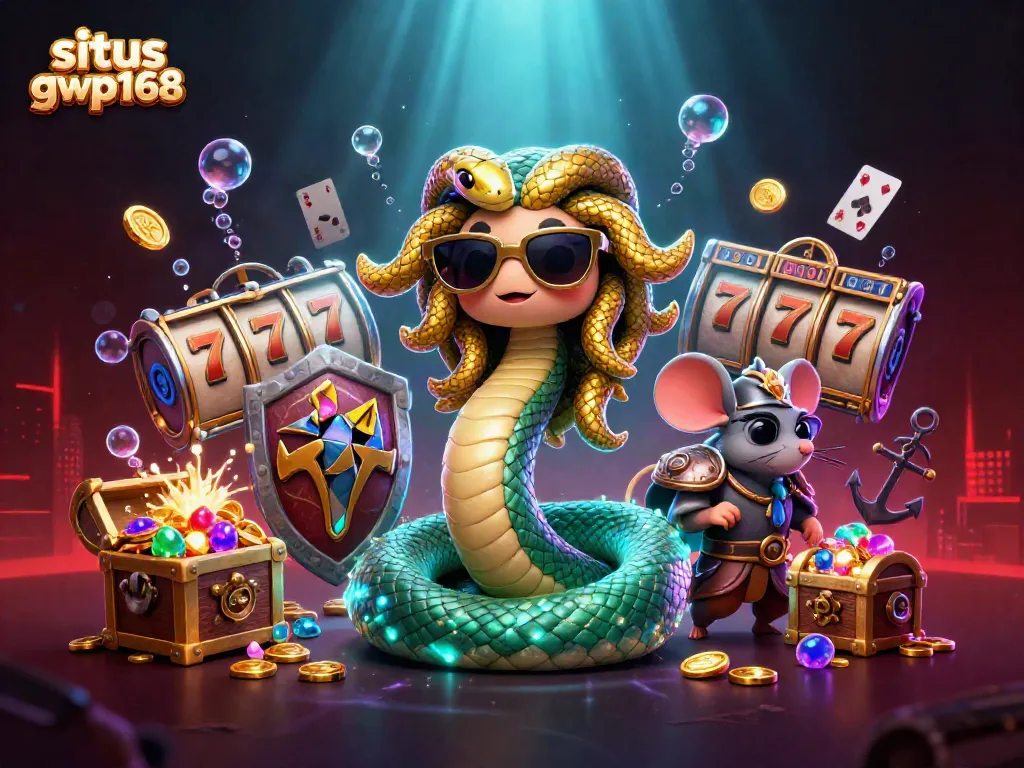 Menangkan permainan slot gacor di situs gwp168 dengan ilustrasi Medusa dan bajak laut dalam suasana kasino.