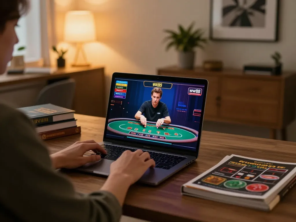 Engaged player enjoying online blackjack with ww88 in stylish gaming setup