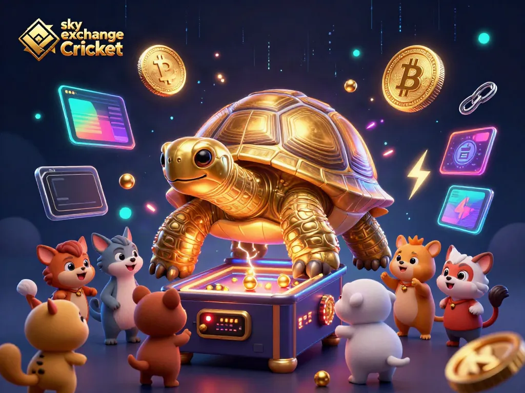 Engage in thrilling sky exchange Cricket action with golden tortoise gaming and vibrant crypto elements.