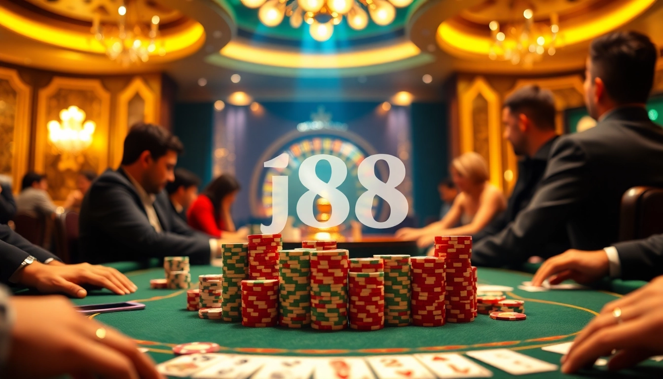 Players enjoying a thrilling j88 poker game with vibrant chips and cards in an elegant casino.