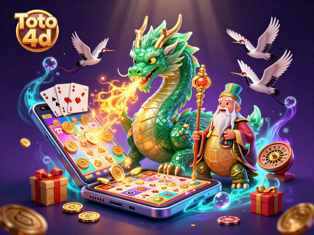 Experience the excitement of Toto 4d with a vibrant 3D scene of a jade dragon, turtle sage, and lucky cranes.
