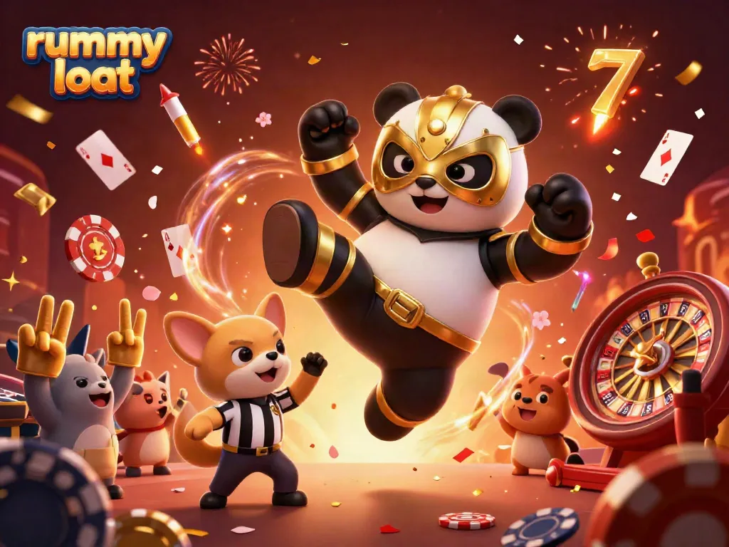 Experience thrilling rummy loot action with a panda wrestler in a vivid casino scene.