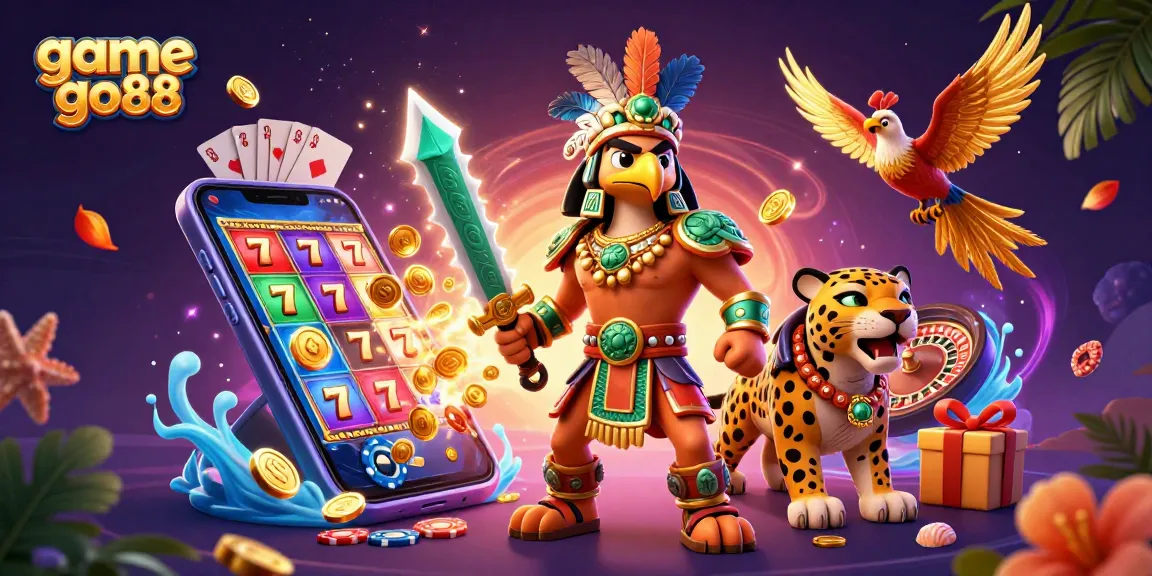 Experience ultimate fun with game go88, featuring Aztec warriors and vibrant casino elements.