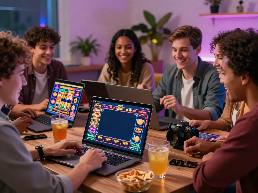 Friends enjoying online gaming on akunjp with vibrant graphics and a casual atmosphere.