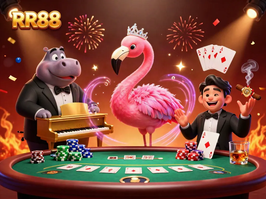 Experience the vibrant RR88 casino atmosphere with dynamic characters and colorful game elements.