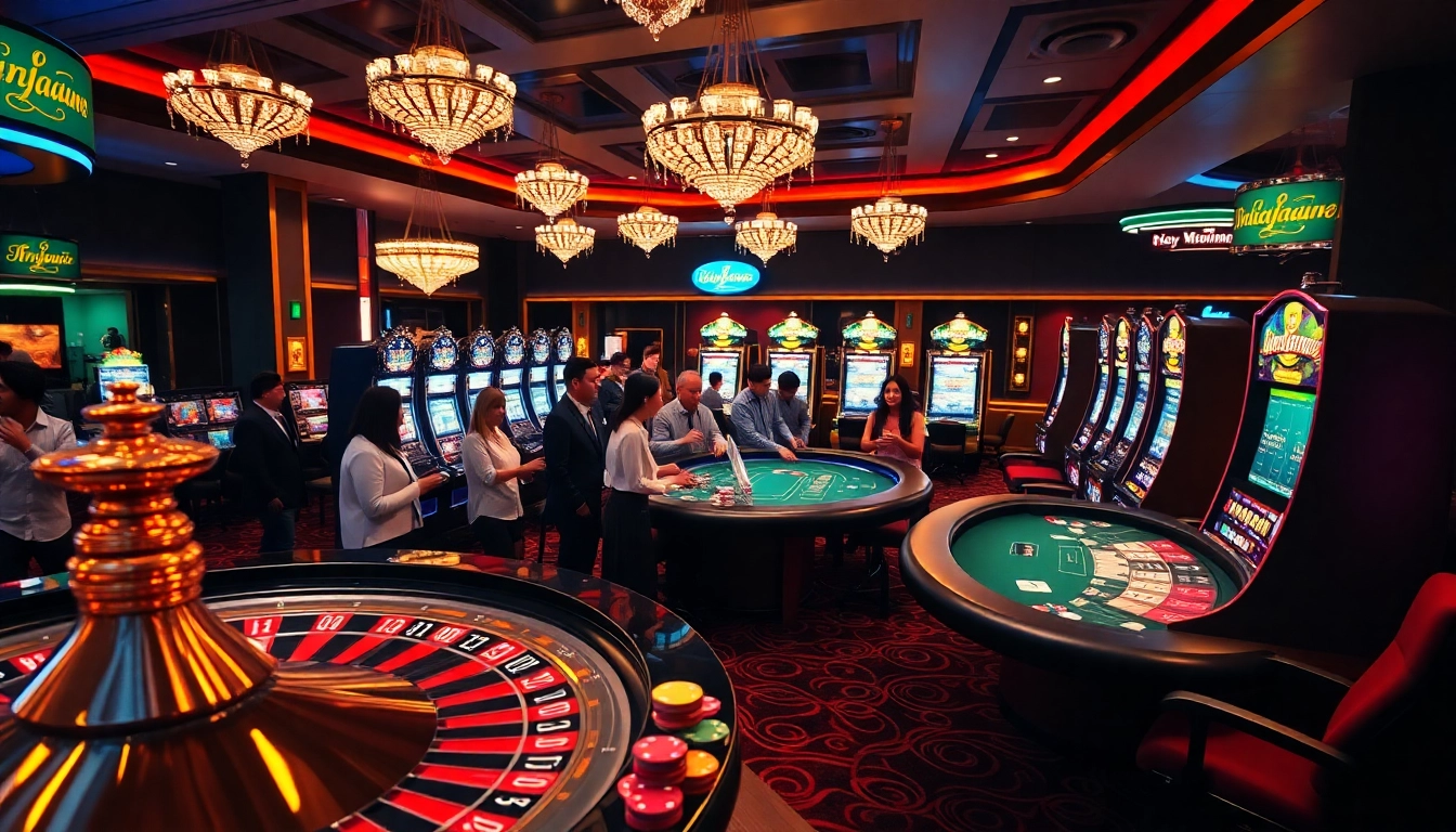 Gambling enthusiasts enjoy a thrilling session at a casino, highlighting Apiraja88's excitement.