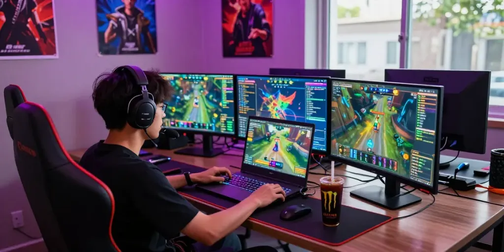 Seorang gamer bermain ratutogel dengan laptop gaming dan banyak layar yang menampilkan statistik permainan.