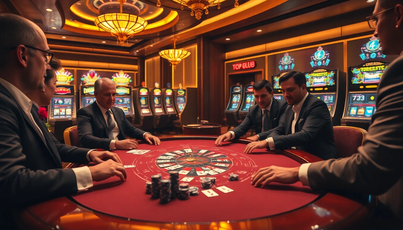 Exciting card game in the TOP CLUB casino showcasing poker chips and festive atmosphere.