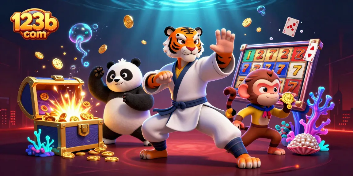 Experience thrilling games at 123b com with a kung fu tiger and friends amidst rich 3D casino elements.