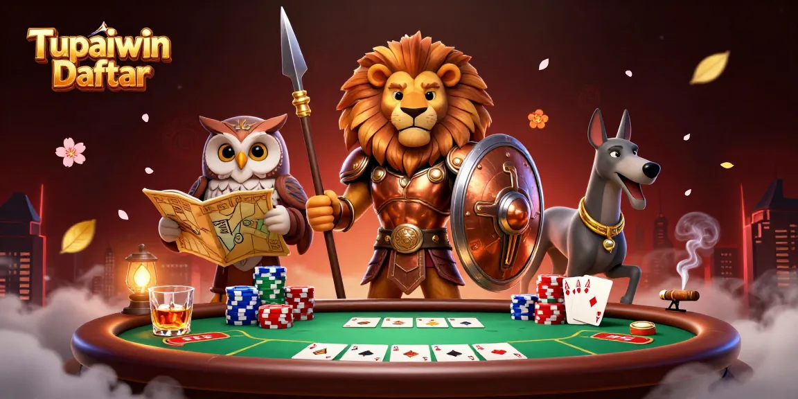 Tupaiwin Daftar features a Spartan lion poker scene, showcasing vibrant chips and ace cards.
