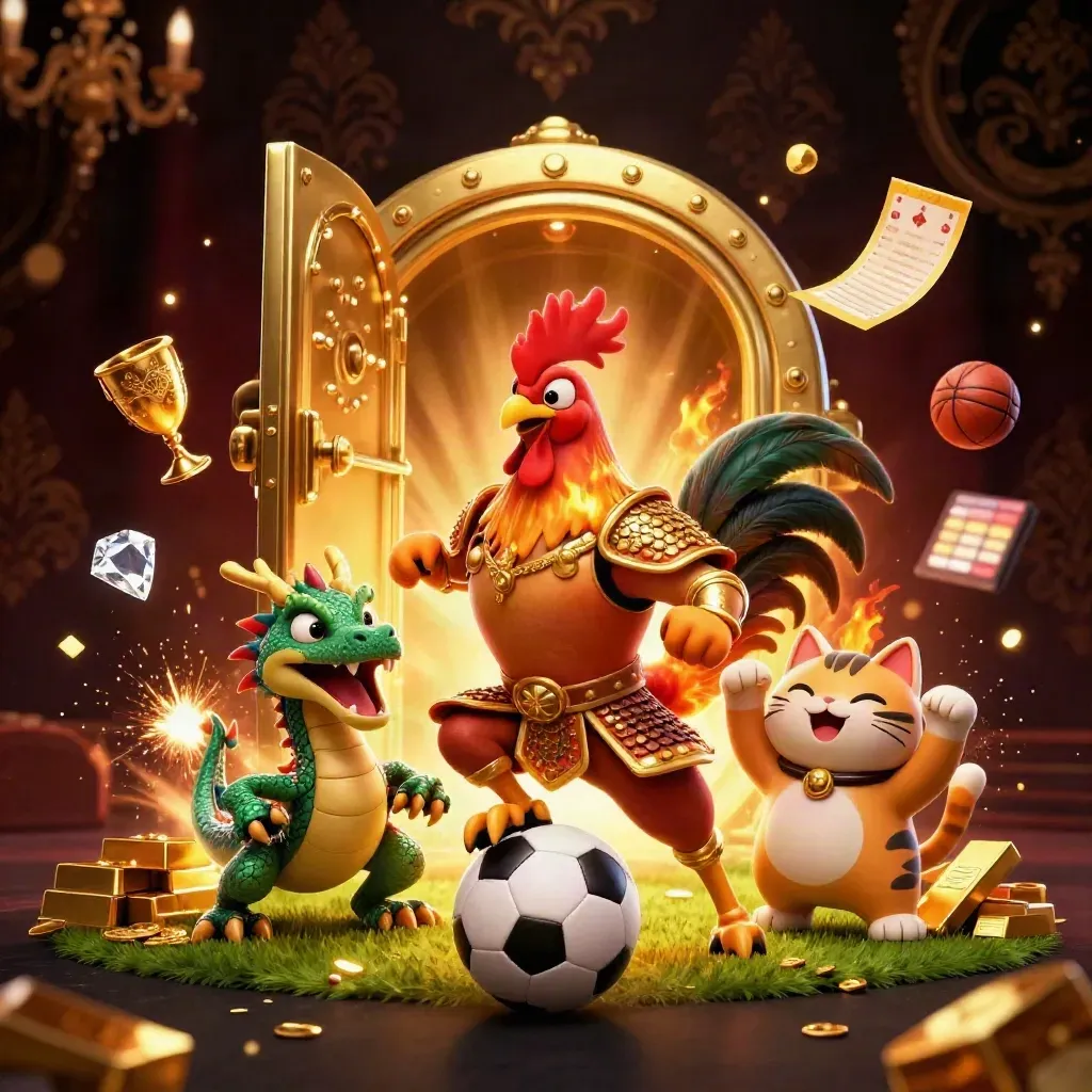Rooster warrior, dragon hatchling, and fortune-cat amid exploding gold and sports props