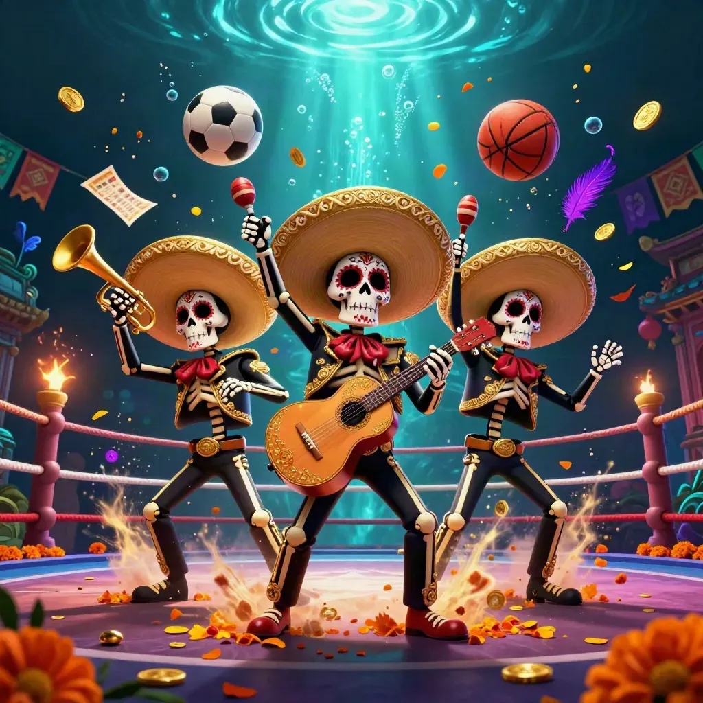 Skeleton mariachi trio with flying balls, gold coins, and neon underwater casino glow