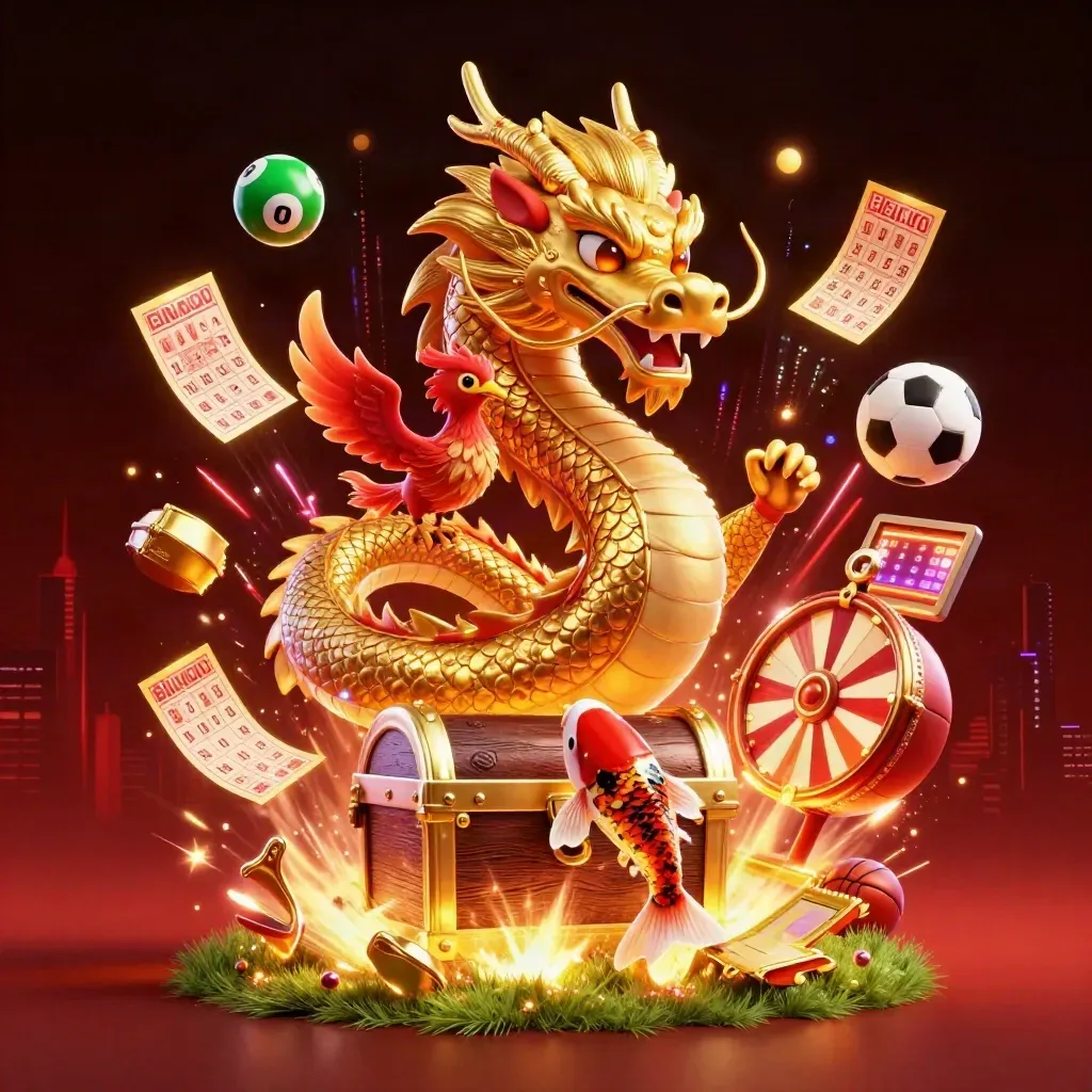 Golden dragon with phoenix and koi amid casino balls, prize wheel, and neon lightning on dark red black.
