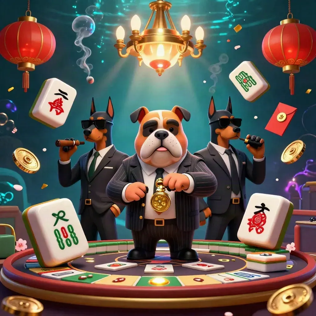 Bulldog mob boss with Dobermans at a luxe poker scene, neon glow and underwater light