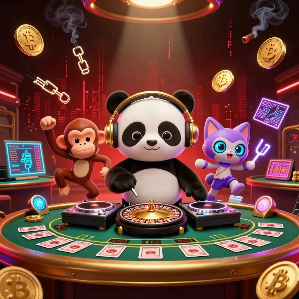 DJ panda, breakdancing monkey, and glow-stick kitten in a neon casino with coins and lightning