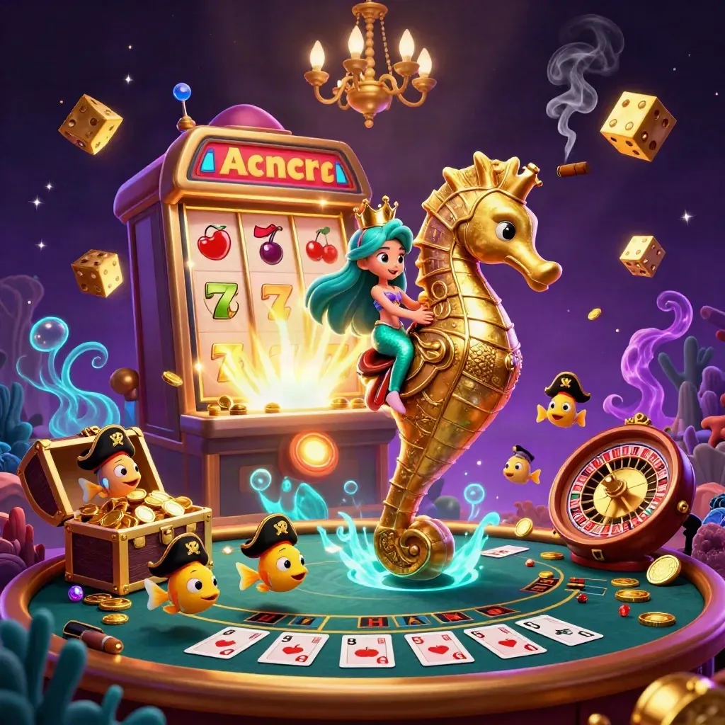 Mermaid princess on a seahorse amid casino magic, slot rays, dice, treasure and glowing cards