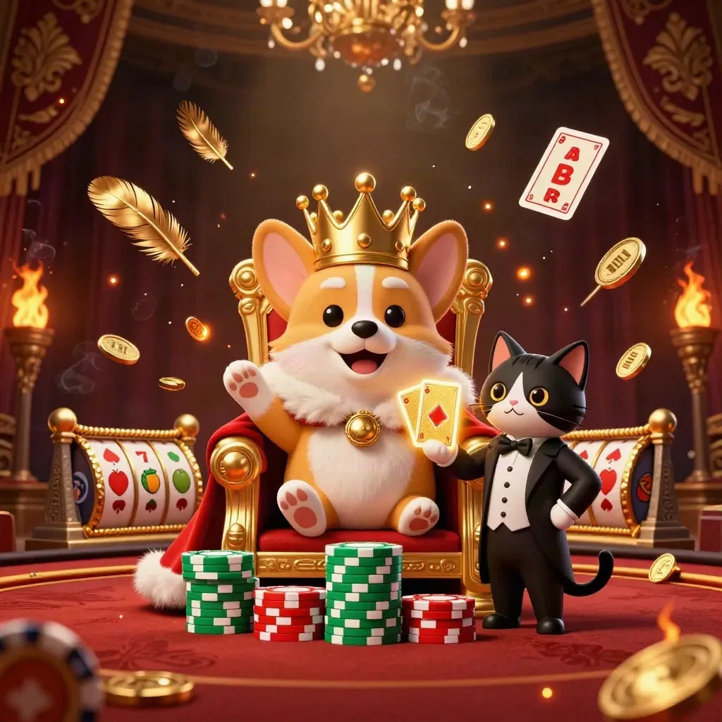 Royal corgi king and cat butler amid chips, coins, temple gate, embers, and slot icons