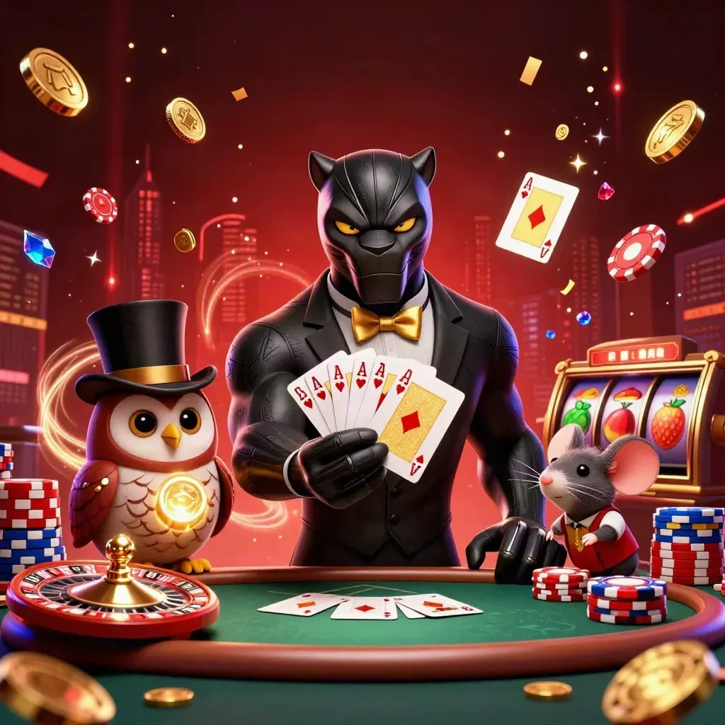 Panther dealer, owl, and mouse amid jackpots, chips, coins, gems, and a spinning roulette wheel