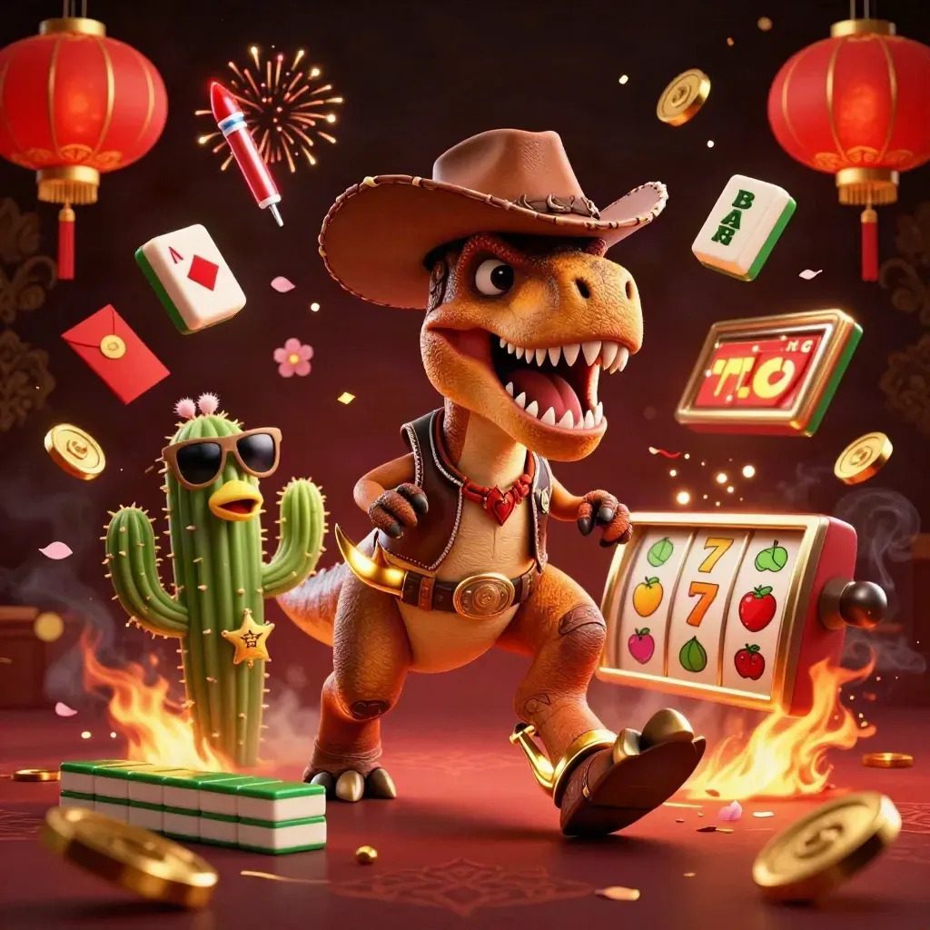 Cowboy T-Rex, cactus sidekick, and sheriff roadrunner amid exploding jackpot gems and casino icons.