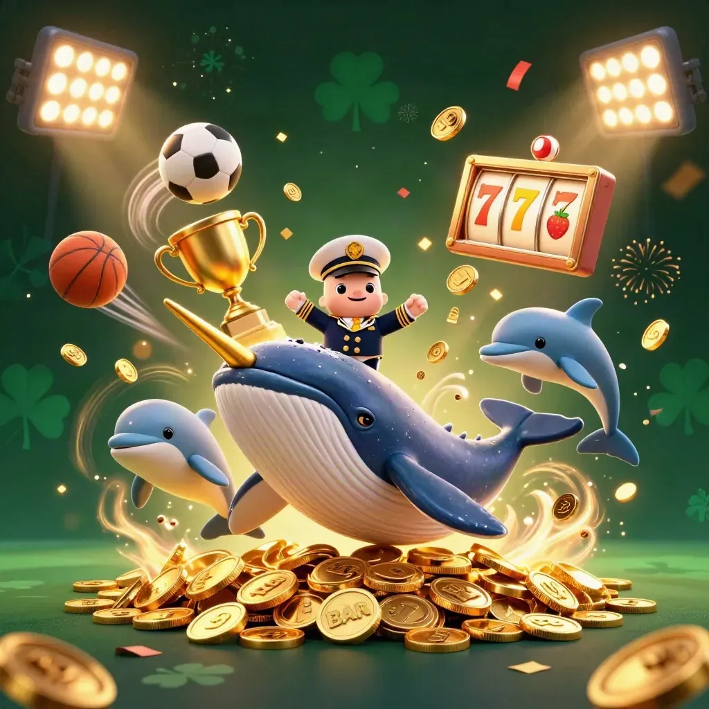 Whale captain, narwhal, and dolphins burst through coins amid casino lights and jackpots