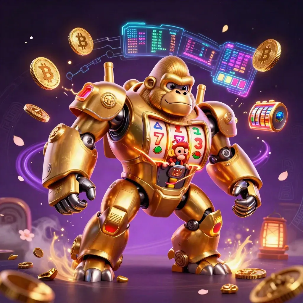 Golden gorilla mech with tiny monkey pilot, coins, lightning, and gems exploding in a neon casino scene.