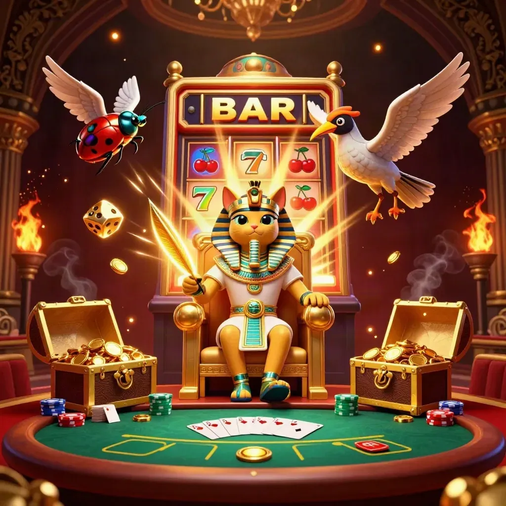 Pharaoh cat, ibis scribe, and gem-wing scarabs amid jackpots, gold, poker chips, and fireworks.