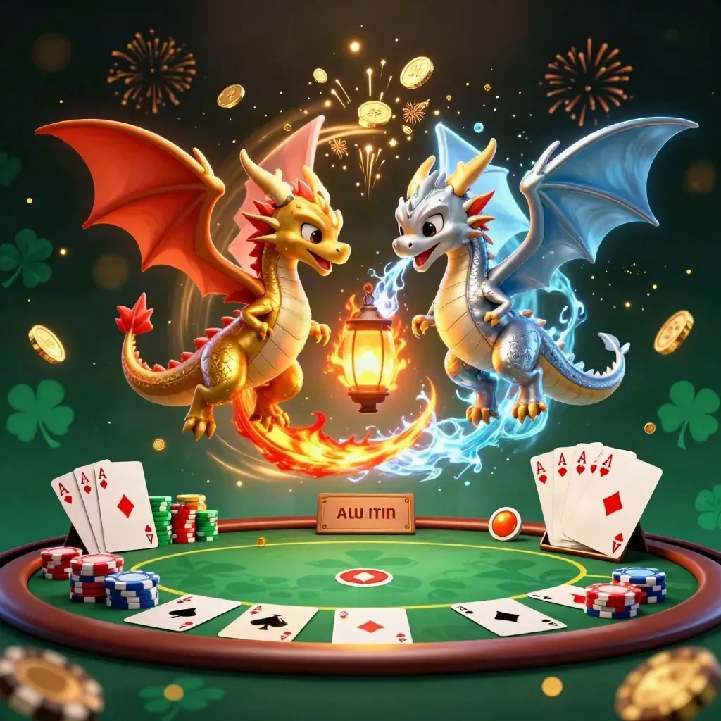 Gold and silver dragons swirl above poker chips, aces, coins, and fireworks in a luxe casino burst.