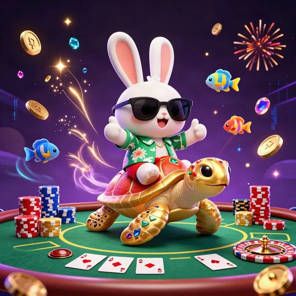 Lucky rabbit rides a gold sea turtle amid coins, chips, roulette, fireworks, and neon casino energy.