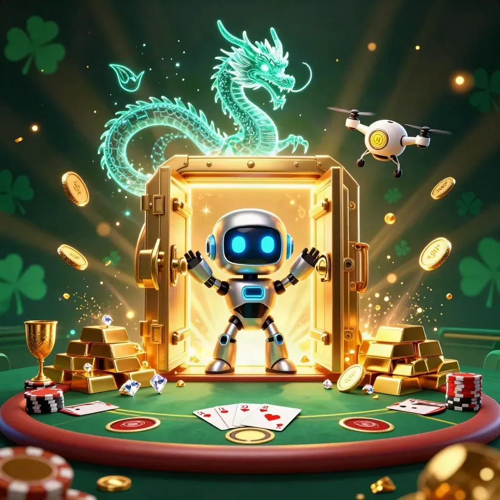 Cyberpunk robot, holographic dragon and drone celebrate as a vault bursts with gold, chips and poker cards.