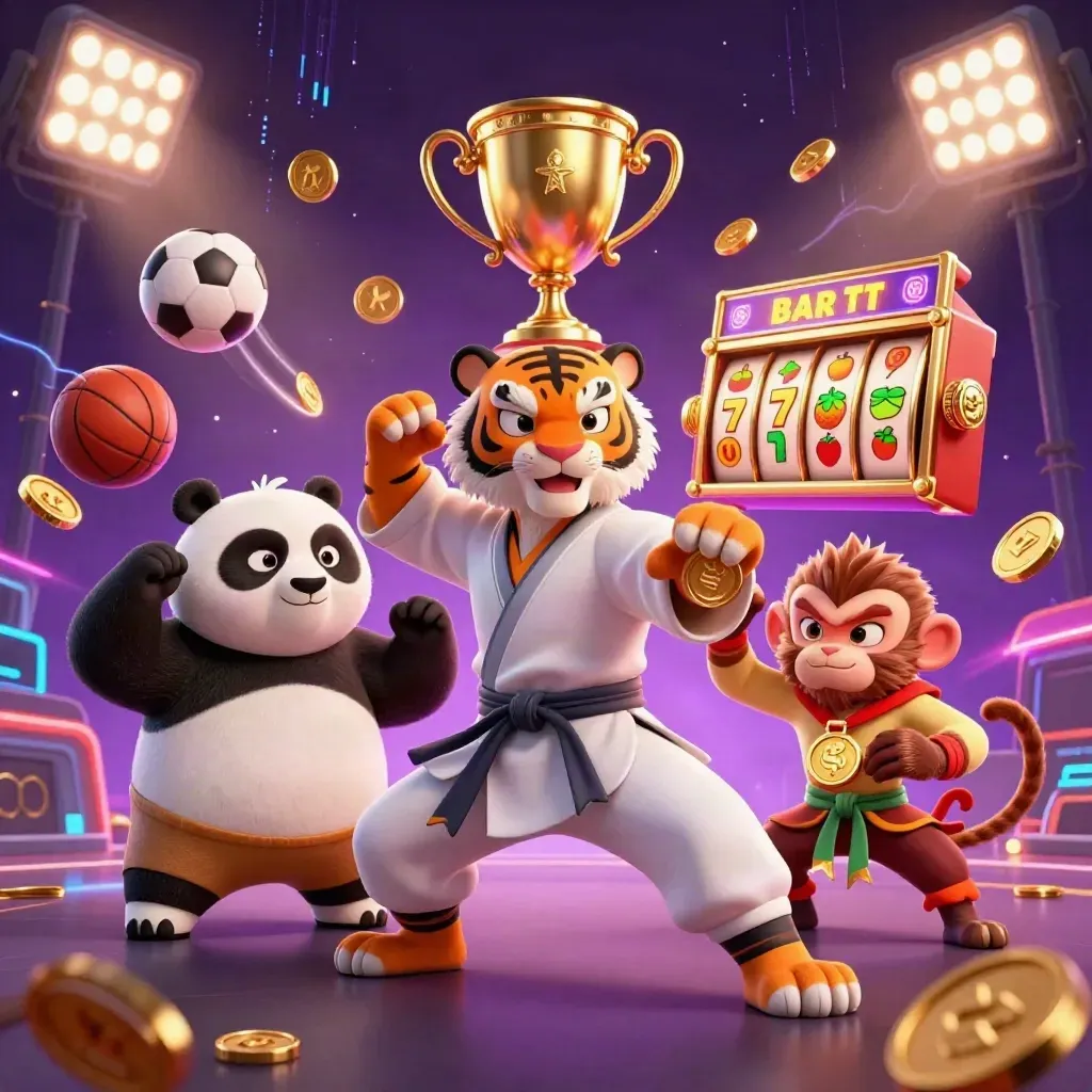 Kung-fu tiger, panda, and monkey with casino balls, coins, trophy, and neon effects
