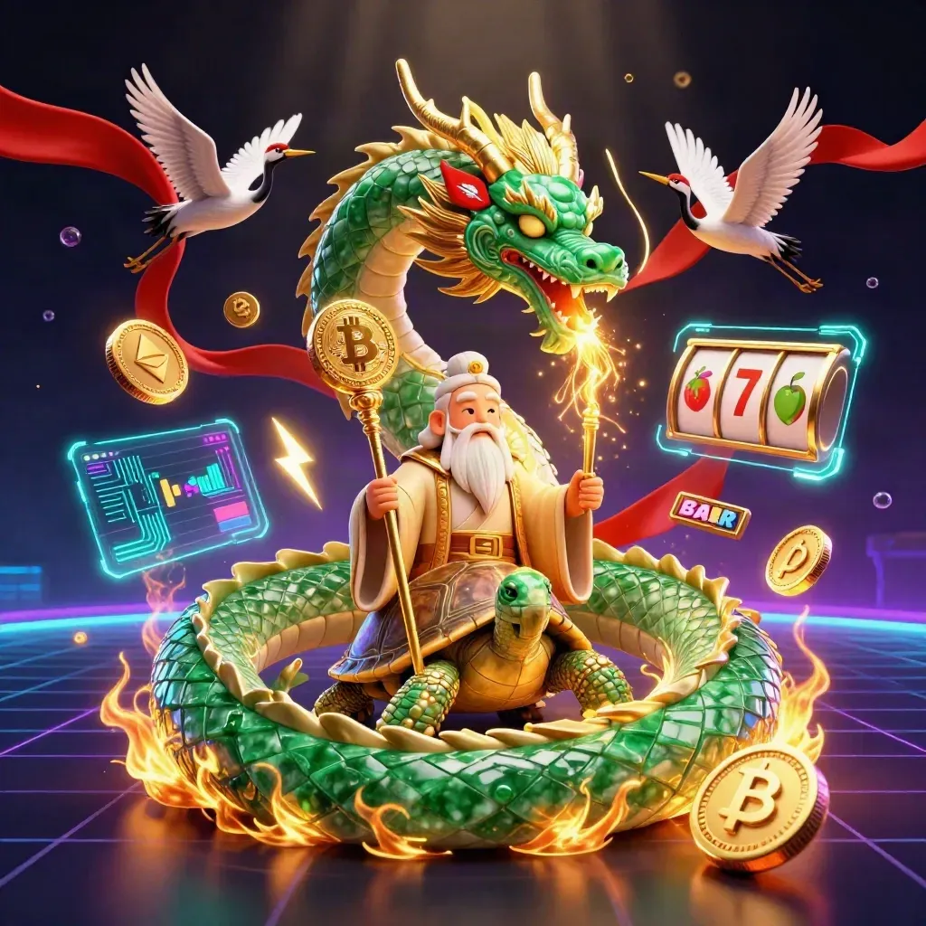 Emerald dragon, turtle sage, and cranes amid neon coins, reels, and casino energy.