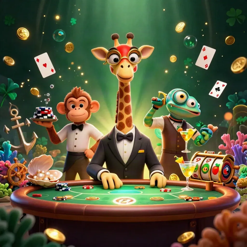 Giraffe poker boss, monkey valet, and chameleon bartender amid treasure cove casino effects.