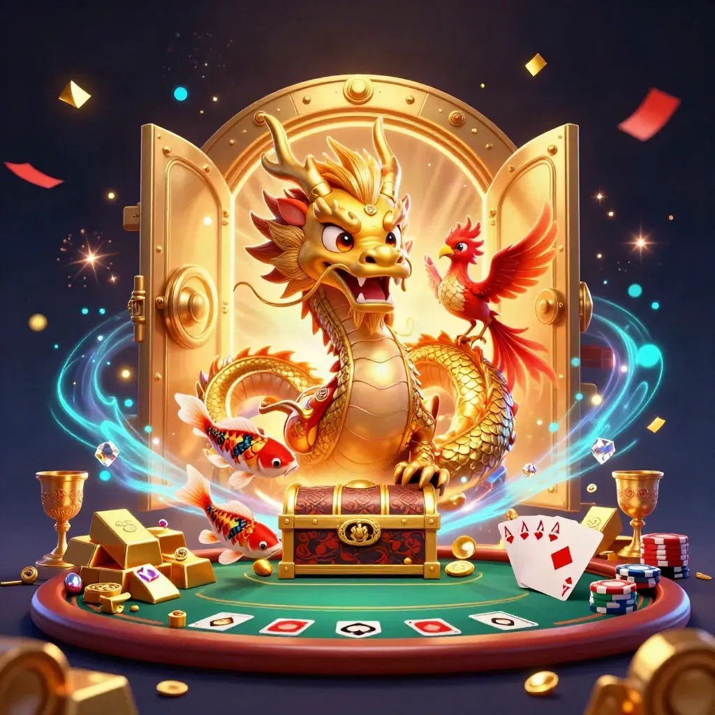 Golden dragon with phoenix and koi erupting from a treasure vault in neon casino glow