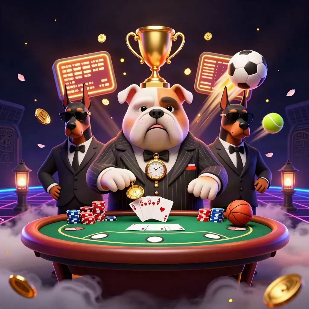 Bulldog mob boss and two Dobermans over a poker table with chips, trophy, balls, and gold sparks.