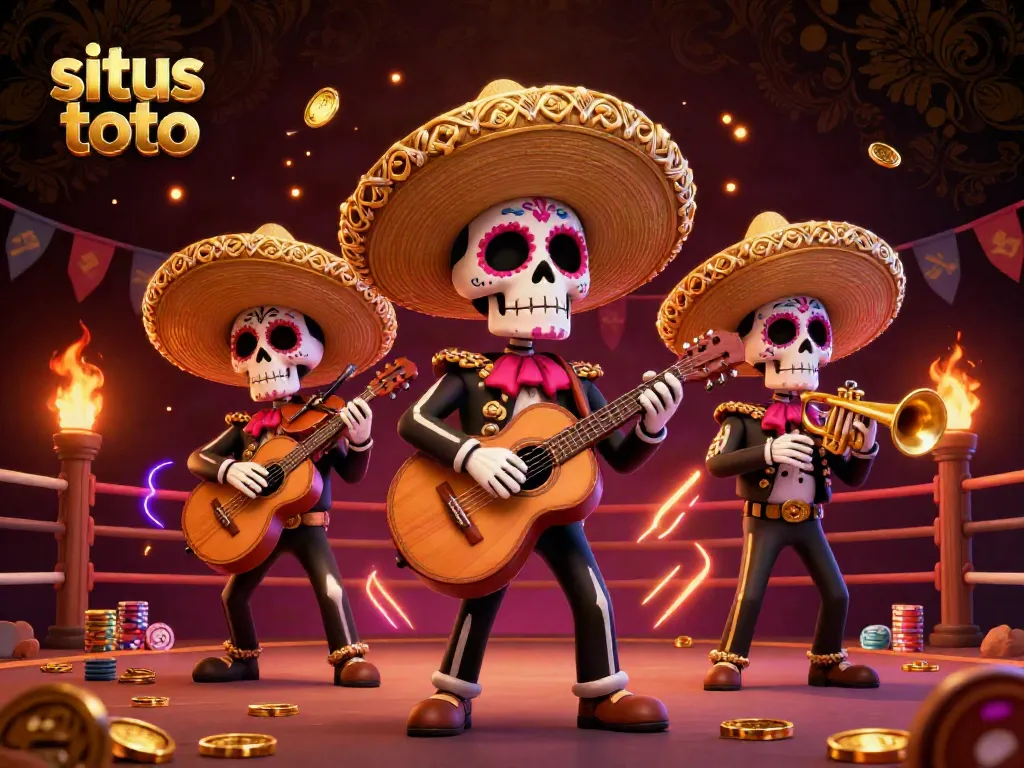 Tunjukkan situs toto dengan anggota band mariachi tengkorak yang bermain alat musik menarik di kasino.
