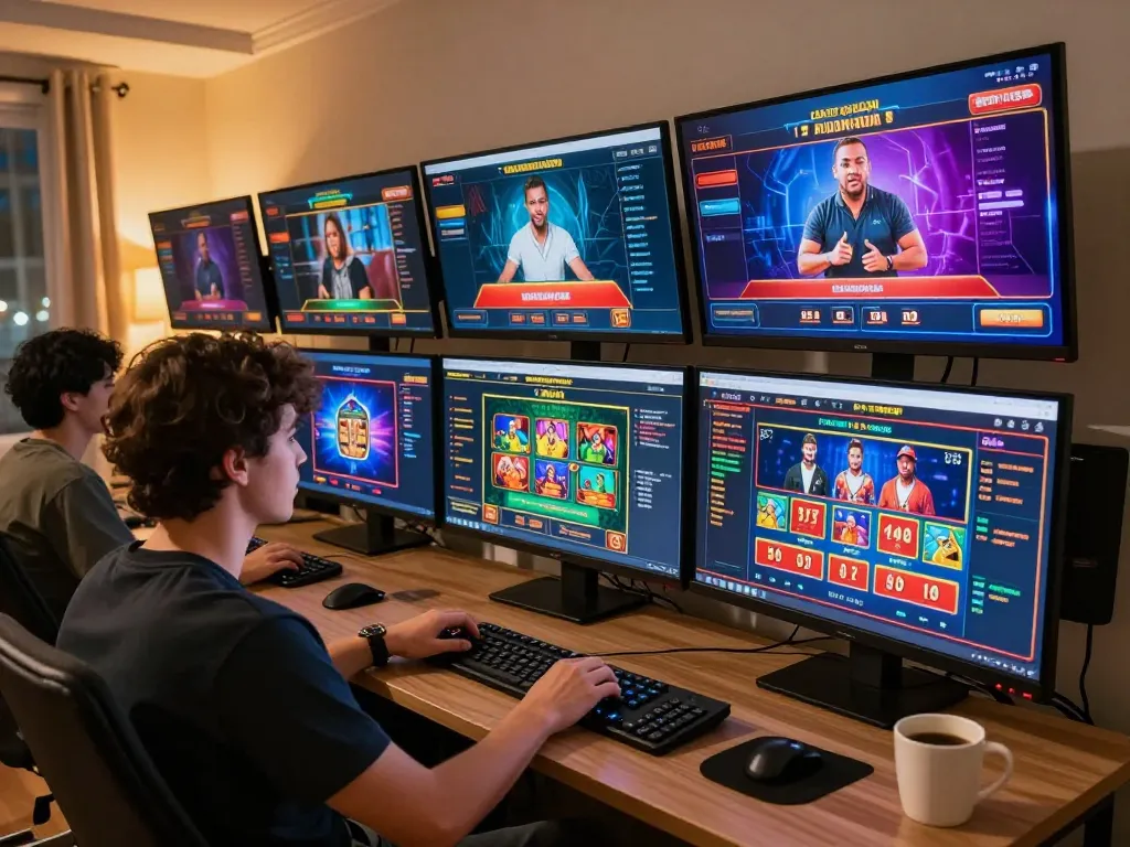 Kuwin player exploring live casino games on a modern home setup, emphasizing responsible gambling.