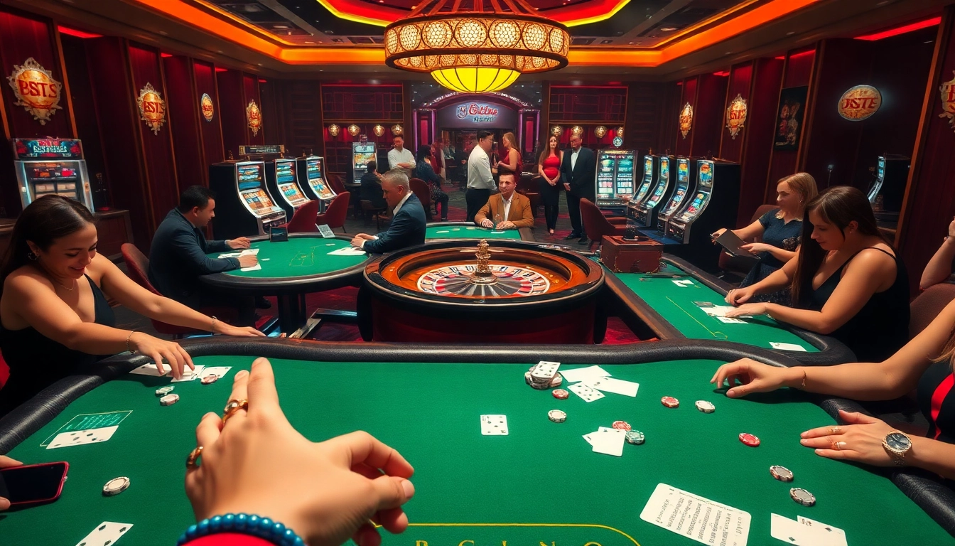 B52club players enjoying dynamic casino games with vibrant tables and engaging slot machines.