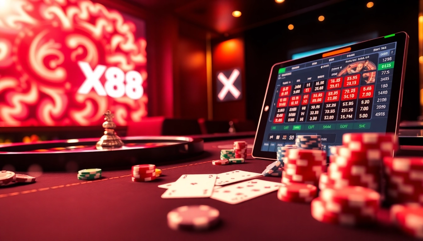 Experience the thrill of XX88 casino with vibrant chips and a glowing roulette wheel.
