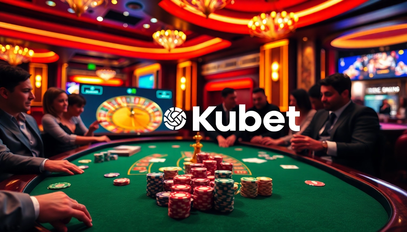 Kubet players engaging in a lively poker game, surrounded by vibrant casino lights and excitement.