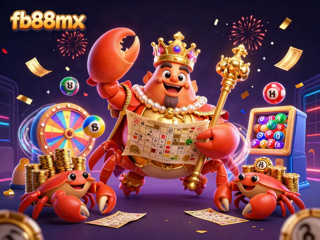 Join the excitement at fb88mx with a dynamic 3D illustration of a golden crab emperor and lottery elements celebrating jackpot opportunities.