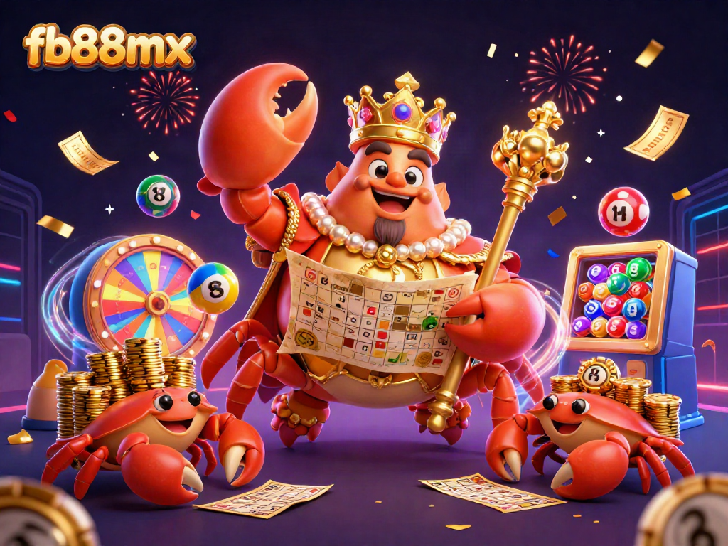Join the excitement at fb88mx with a dynamic 3D illustration of a golden crab emperor and lottery elements celebrating jackpot opportunities.