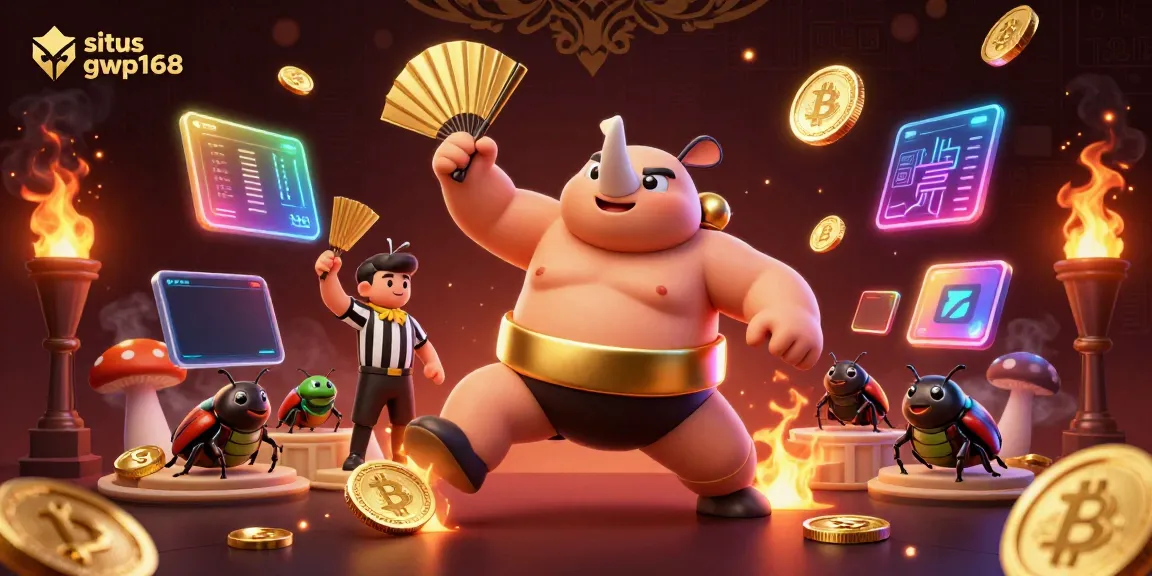Ilustrasi 3D situs gwp168 dengan juara kejuaraan serangga, koin emas berterbangan.